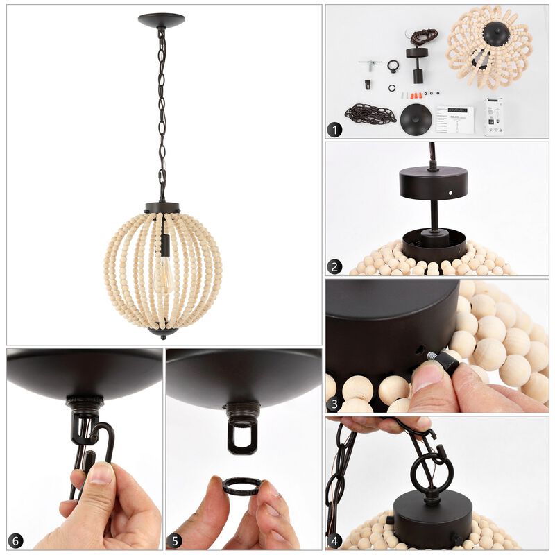 Abril 1-Light Rustic Bohemian Iron/Wood Bead LED Pendant