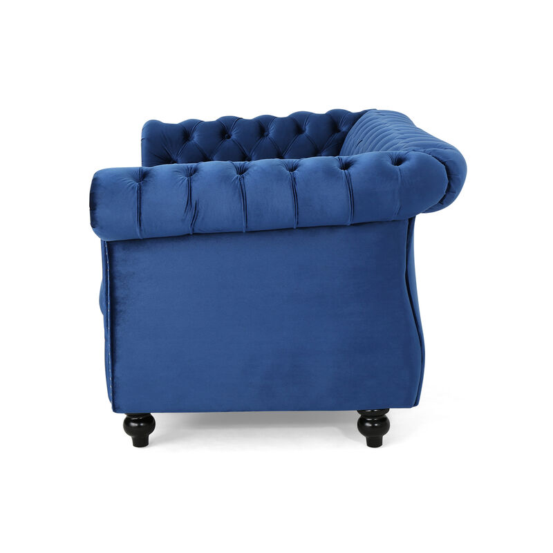 Bernie Loveseat 62 Inch Sofa, Nailhead Trim, Solid Wood, Blue Tufted Fabric - Benzara