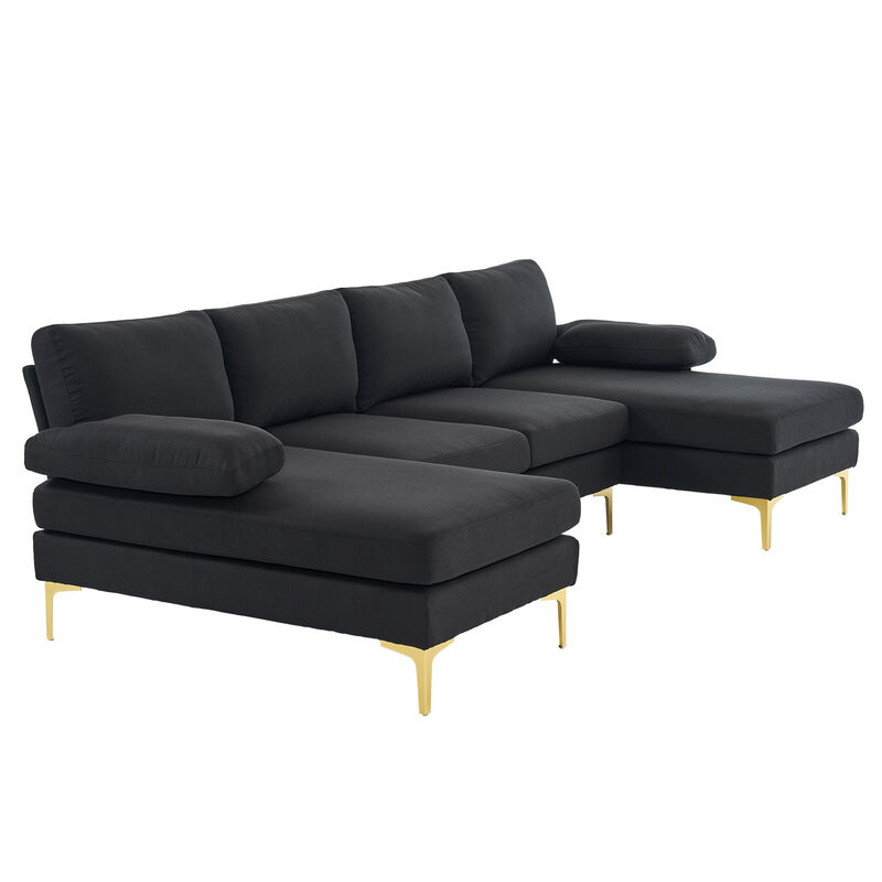 4-Seater U-Shaped Indoor Modular Sofa, Linen Seat with Wooden & Iron Frame, Gold Feet
