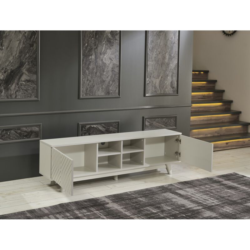 Store Lina Mid Century Modern TV Stand 2 Door Cabinet 4 Cubby Hole Shelves 67 Inch TV Unit