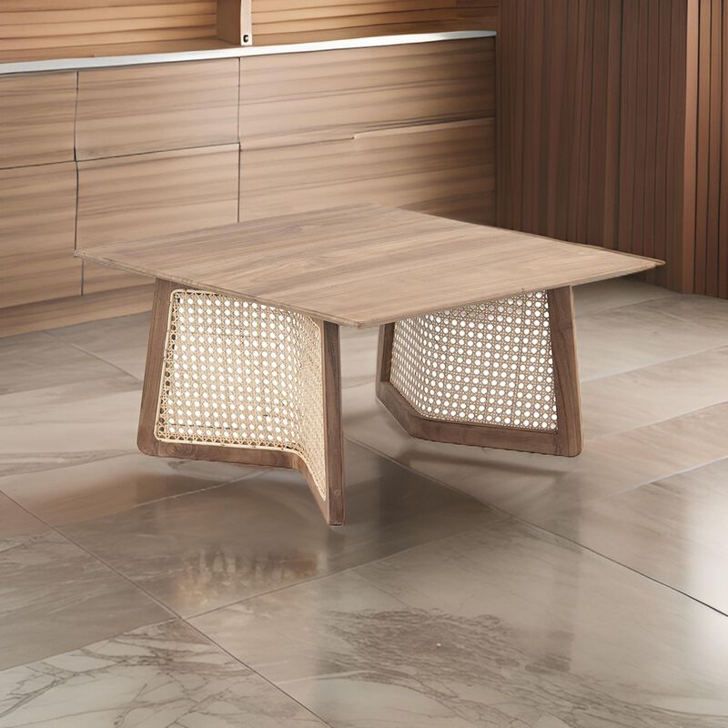 28 Inch Coffee Table, Square Top, Rattan Cane Base, Teak Wood, Brown  - Benzara