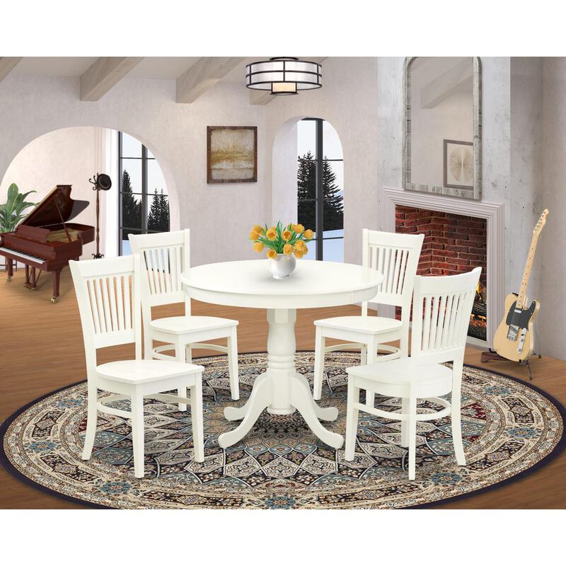 East West Furniture ANVA5-LWH-W - 5-Piece Kitchen Dining Set- 4 Wooden Chairs and Dining Room Table - Wooden Seat and Slatted Chair Back (Linen White Finish)