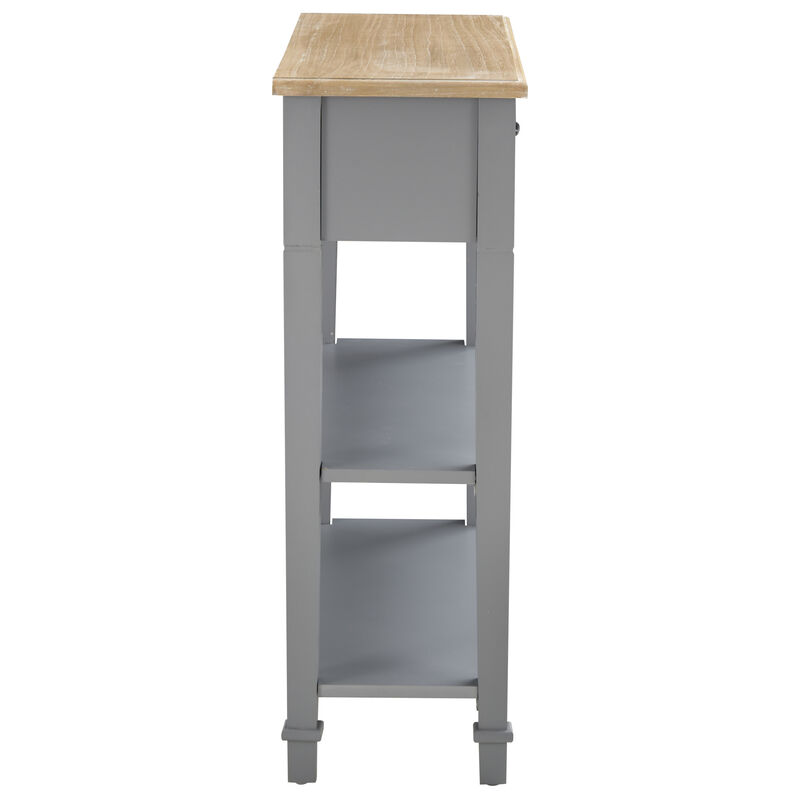 Freestanding Wooden End Table with 2 Open Shelving Spaces and Pull-Put Drawer