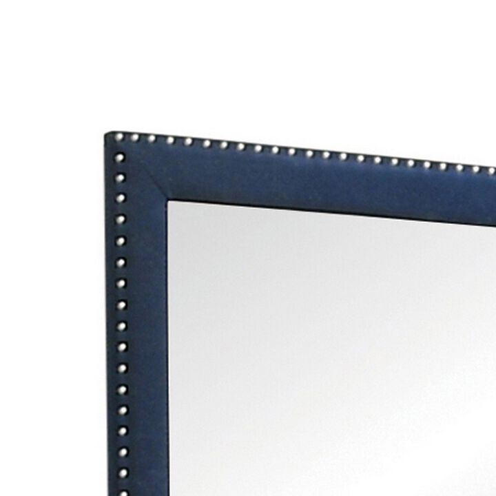 Cale 40 Inch Modern Glam Portrait Mirror, Nailhead, Blue Velvet Upholstered-Benzara