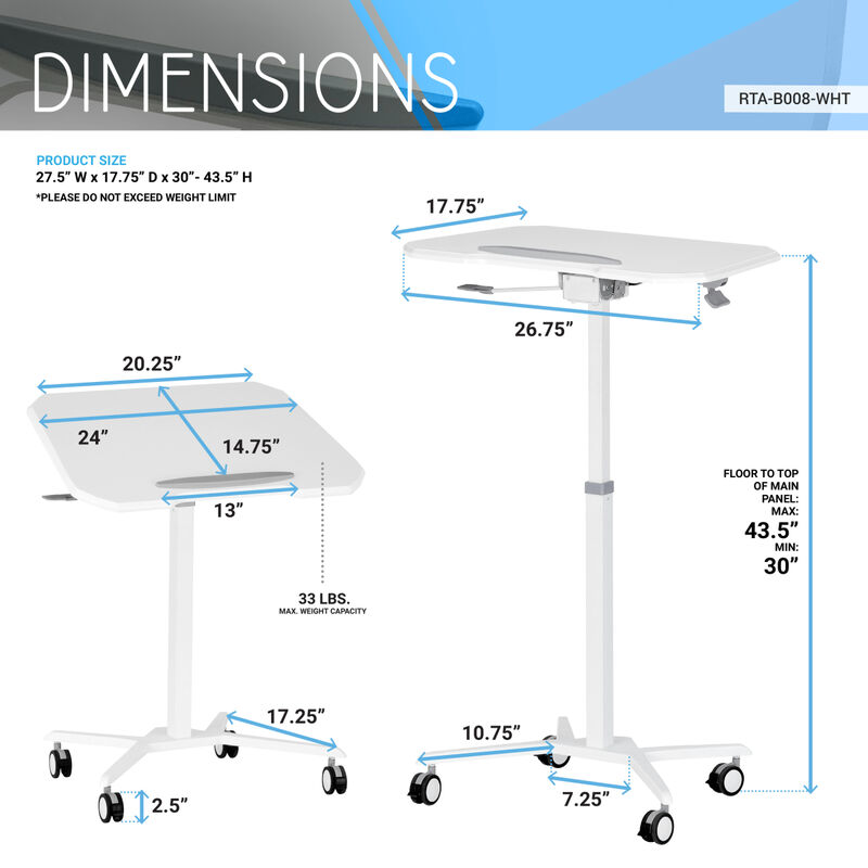 White Sit to Stand Mobile Laptop Computer Stand with Height Adjustable and Tiltable Table Top