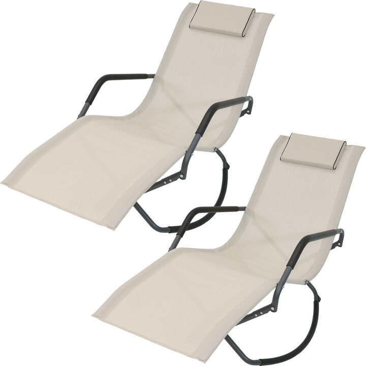 Sunnydaze Folding Outdoor Rocking Lounger with Pillow - Beige - Set of 2