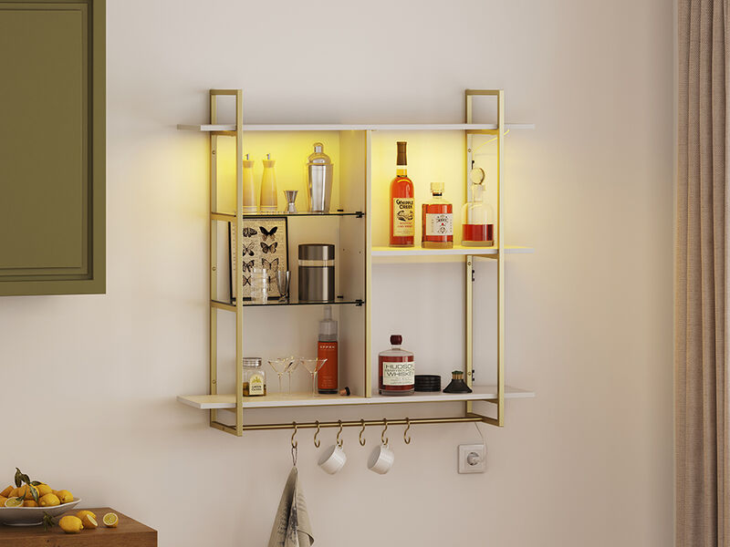 BELLEZE Floating Shelves for Wall with Lights, 40" LED Wall Mounted floating Shelves for Bathroom, Kitchen, Bedroom, Hanging Display Rack Bookshelf with 6 Hooks, Floating Bar Shelves Gaming Room Decor