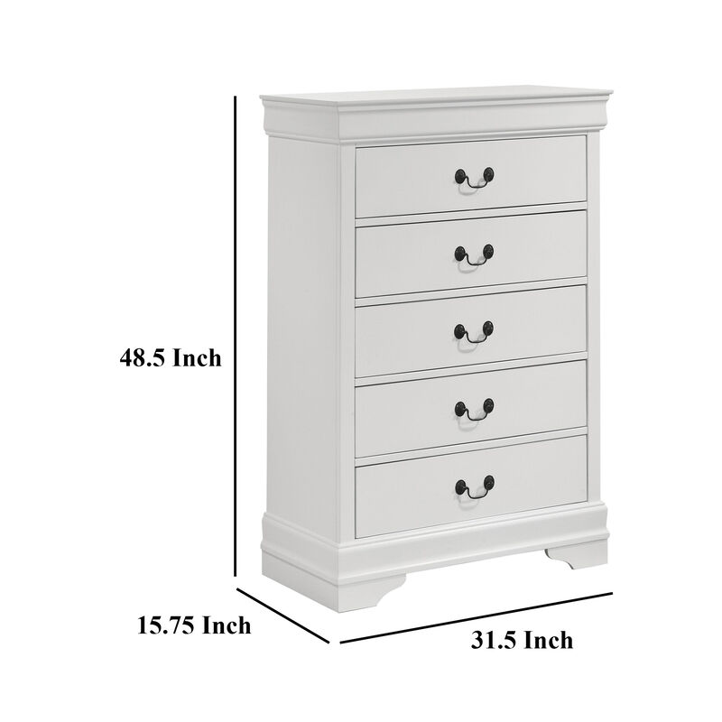 Nim Tall Dresser Chest, 5 Storage Drawers, Classic White Molded Trim - Benzara