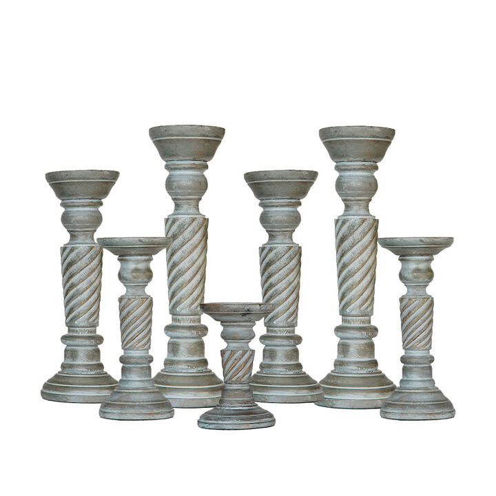 Traditional Antique Dusk Eco-friendly Handmade Mango Wood Set Of Seven 15",12",9",6",9",12" & 15" Pillar Candle Holder BBH Homes