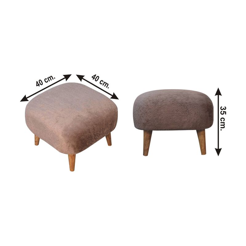 Mocha Faux Fur Upholstered Solid Wood Square Stool
