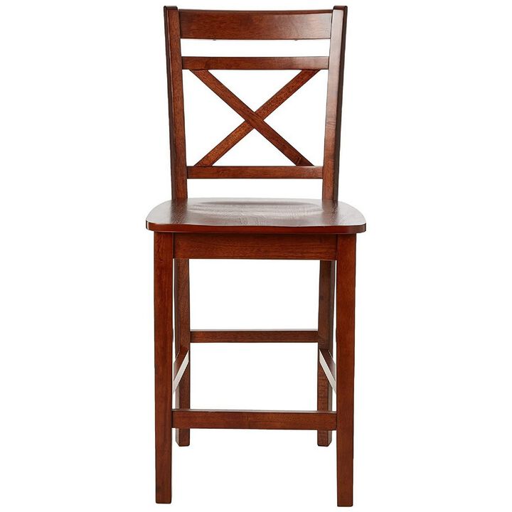 Wooden Counter Height Chair with Cross Back, Set of 2, Cherry Brown-Benzara