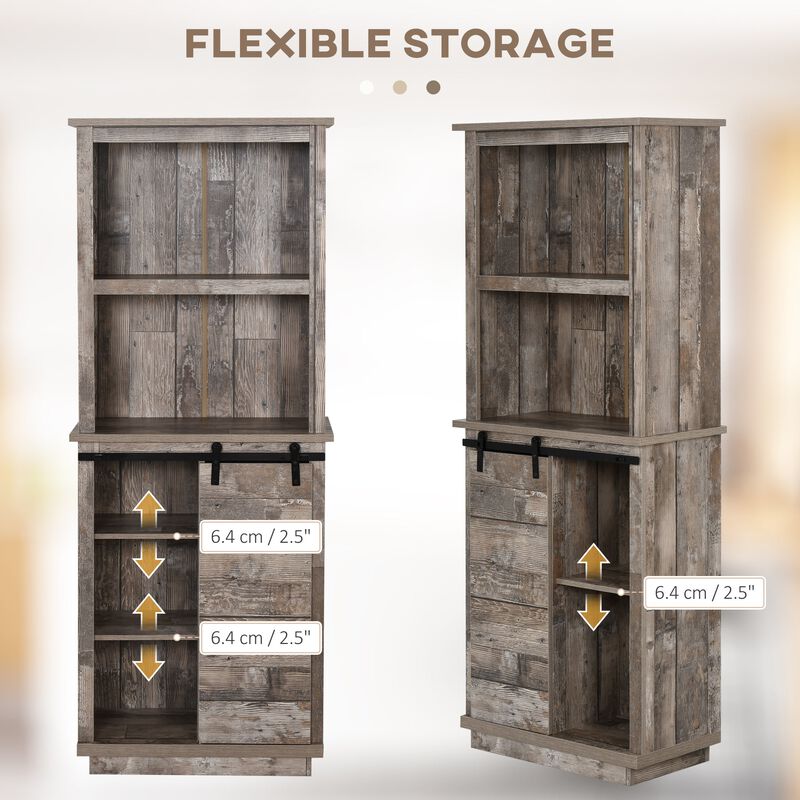 Vintage Wood Kitchen Organizer: 64.5" Buffet Hutch with Barn Door