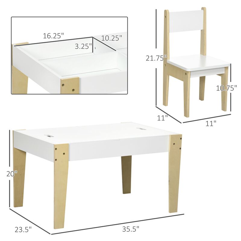 White Kids' Activity Center: 3-Piece Table & Chair Set with Storage