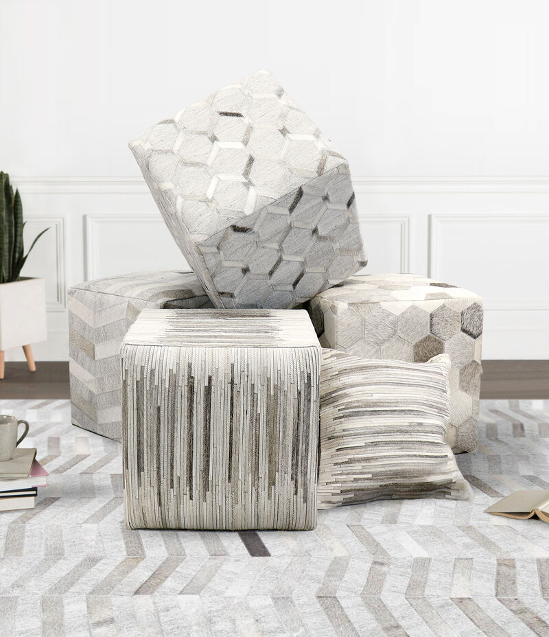 Pasargad Home Galaxy Cowhide Pouf Ottoman, Silver/Grey