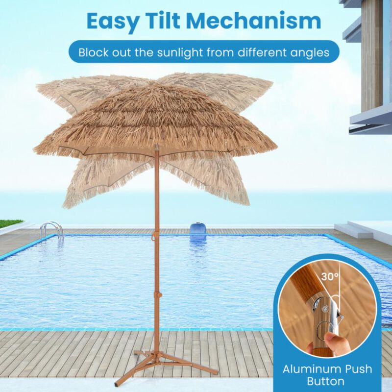 Hivvago 6.5 Feet Thatched Tiki Umbrella with Foldable Stand Push Button Tilt