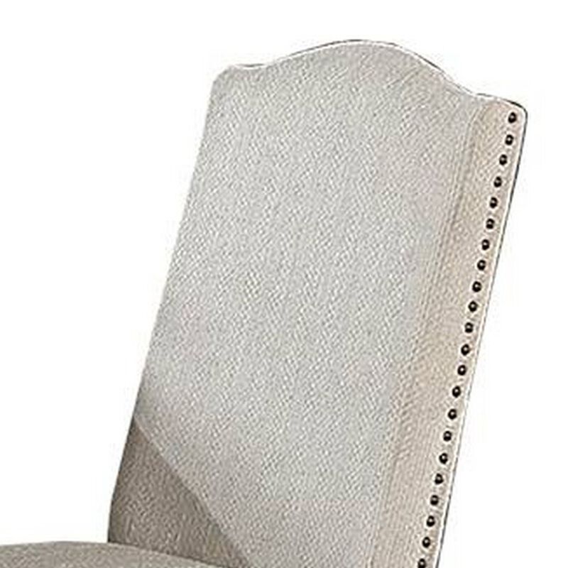 Alex Dining Side Chair Set of 2, High Back, Nailhead Brown Wood, Beige - Benzara