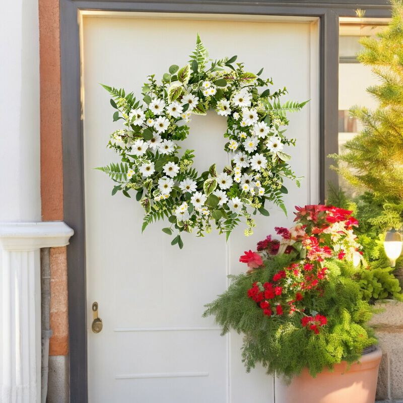 Mixed Foliage and Daisy Wreath for Bright Spring or Summer Home Décor