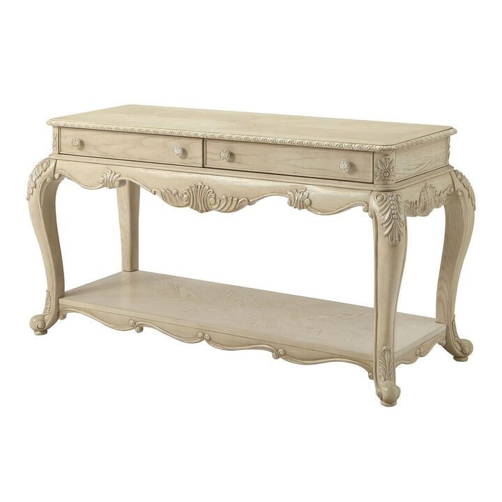 Vintage Style Wooden Sofa Table with Two Drawers and One Open Shelf, White-Benzara