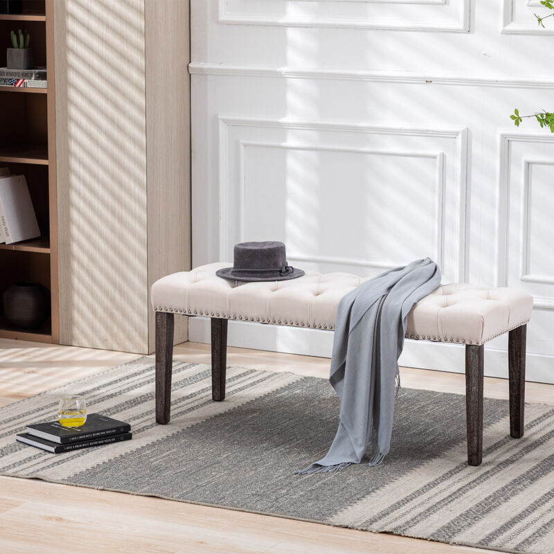 Beige Velvet Tufted Bench Ottoman
