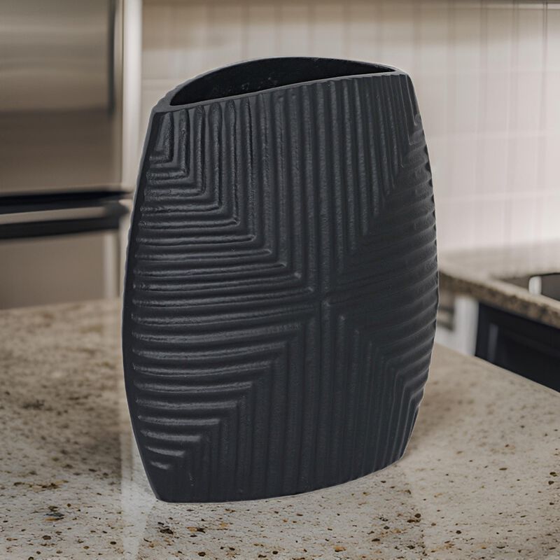 Ako 10 Inch Vase, Metal Ribbed Body Design, Curved Top, Matte Black Finish - Benzara