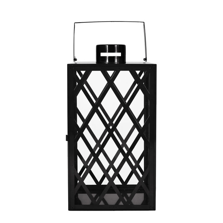 Dove 18 Inch Lantern, Lattice Black Stainless Steel, Tempered Glass - Benzara