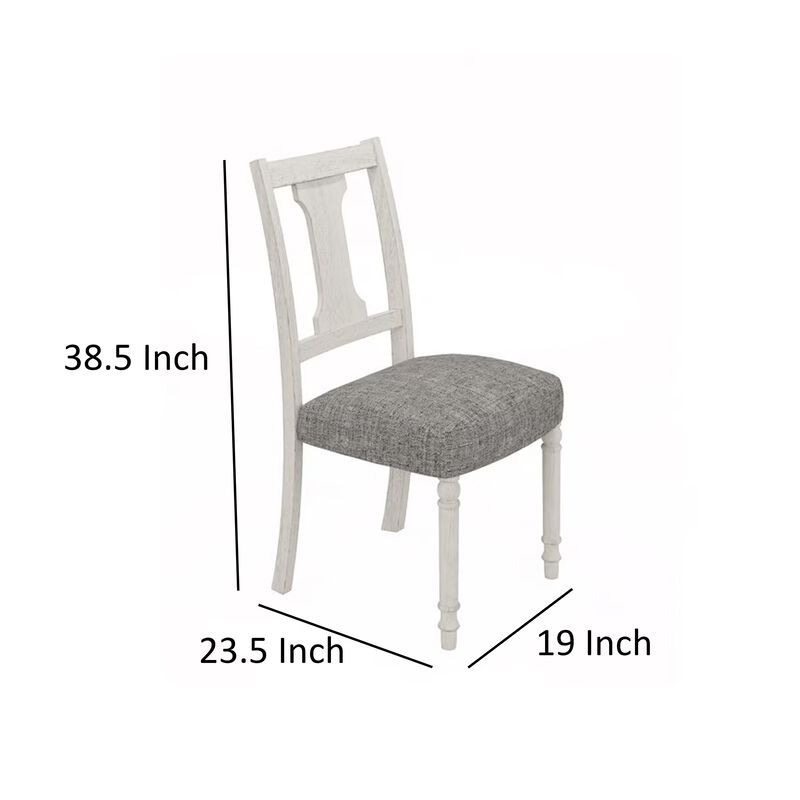 Sane 19 Inch Dining Side Chair Set of 2, Fiddleback, White Wood, Gray Linen - Benzara