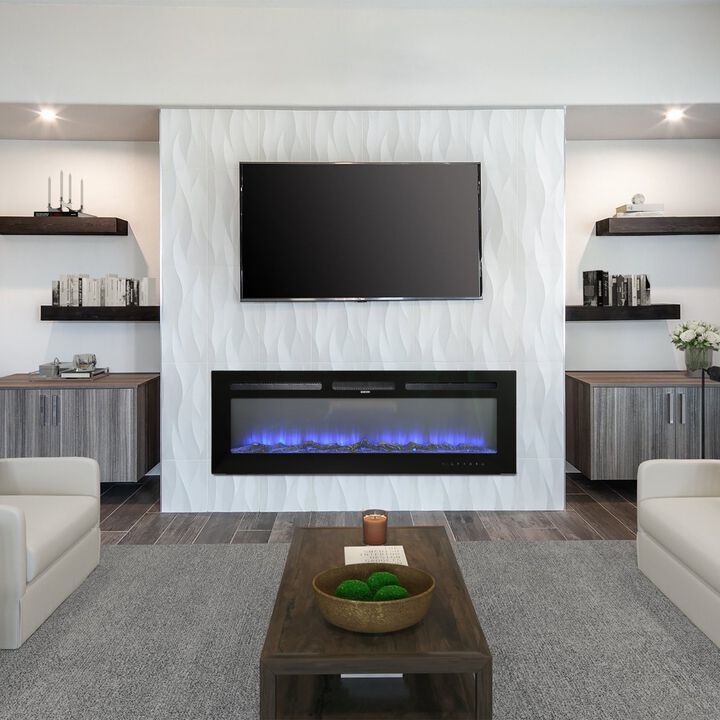 Black 60 in. Wall-Mounted Electric Fireplace with Logs & Crystals, Remote 1500/750W