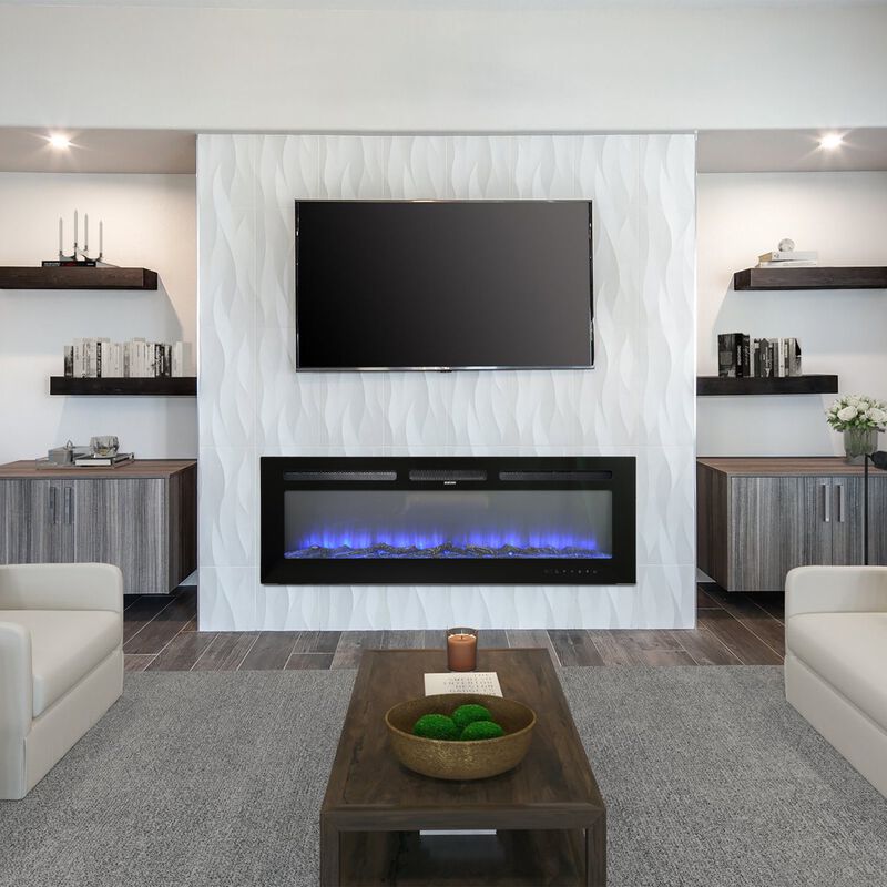 Black 60 in. Wall-Mounted Electric Fireplace with Logs & Crystals, Remote 1500/750W