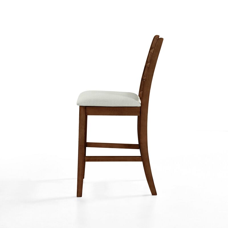 Accai Counter Height Chair Set of 2, Beige Polyester, Brown Rubberwood - Benzara