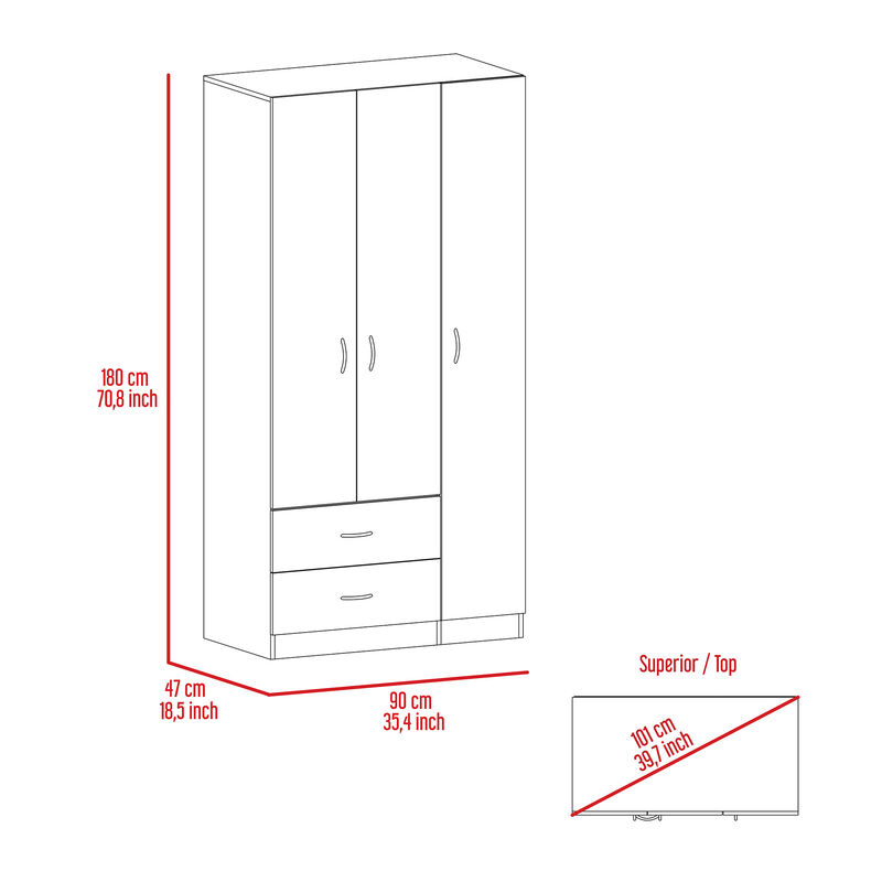 DEPOT E-SHOP Bosko 3 Doors Armoire, Two Drawers, Metal Rod