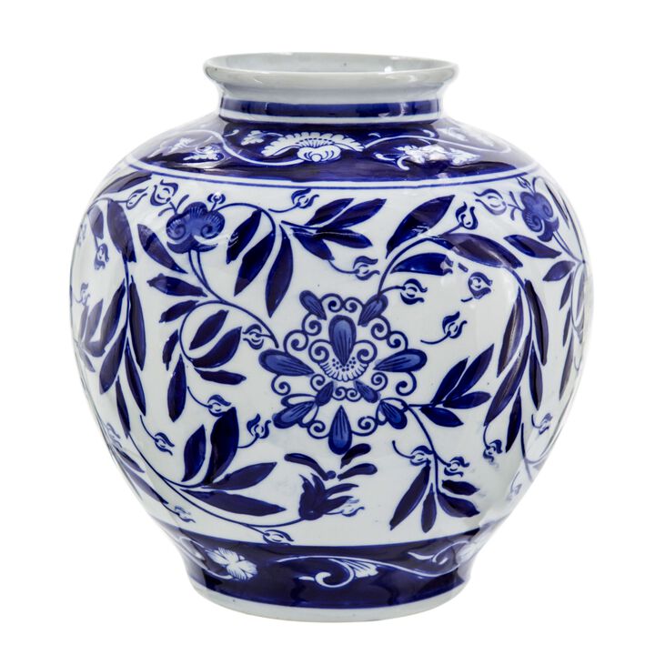 9 Inch Porcelain Vase, Blue Persian Print, Curved Shape, Flared Opening-Benzara