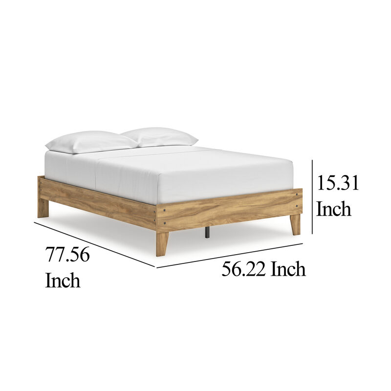 Maci Full Platform Bed, Natural Light Brown Wood, Low Profile Legs - Benzara