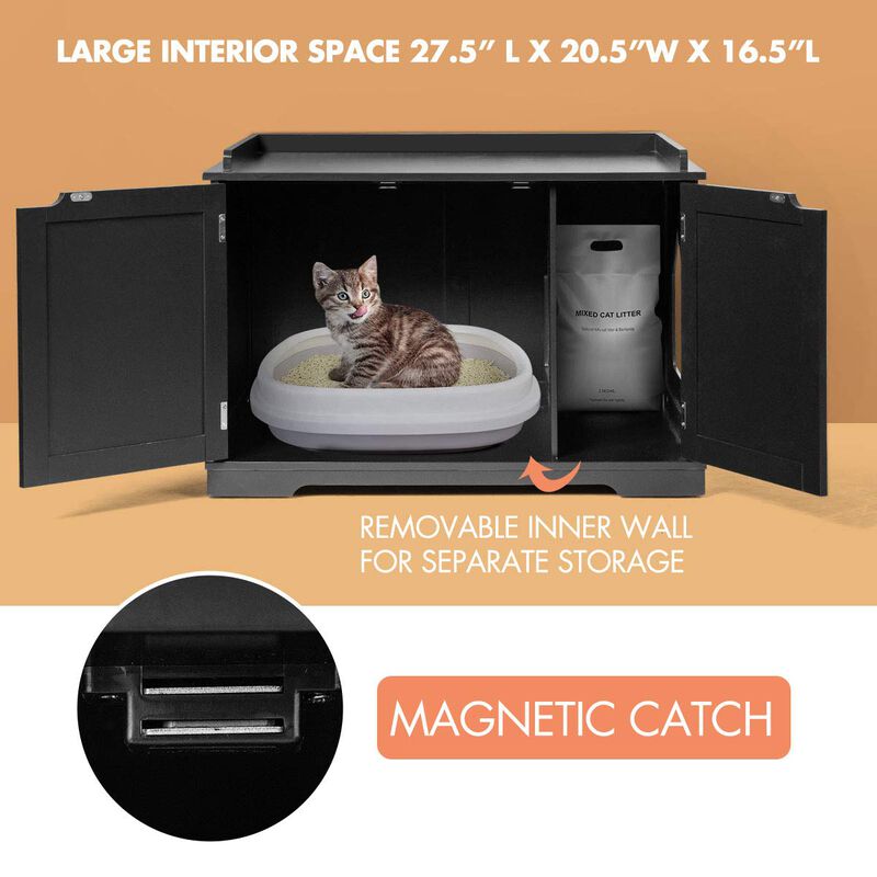 Cat Litter Box Enclosure with Double Doors for Large Cat and Kitty-Black
