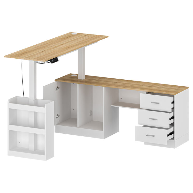 63 in. W L- Shaped Adjustable Height Desk Ergonomic Stand Up Desk White Home Office Sit With Memory Preset Controller