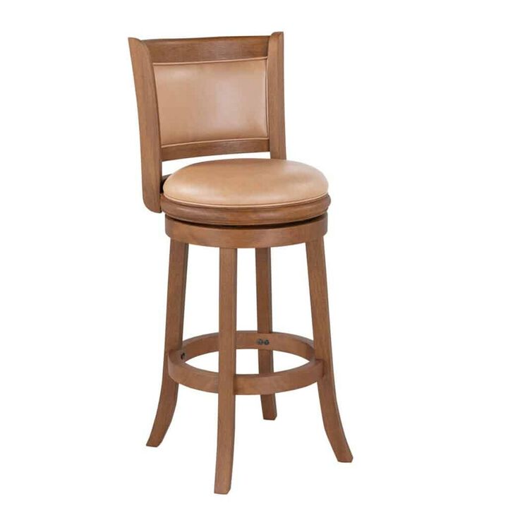 Haley 30 Inch Swivel Barstool Chair, Chestnut Brown Wood, Faux Leather - Benzara