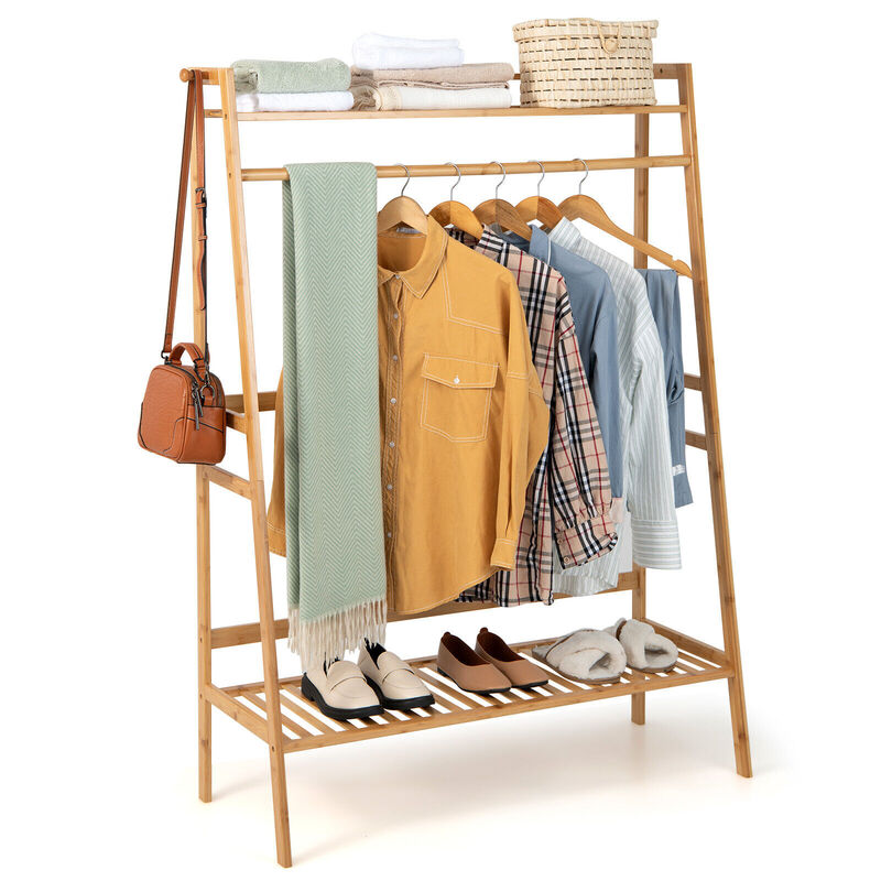 Bamboo Clothing Rack with Storage Shelves-Natural