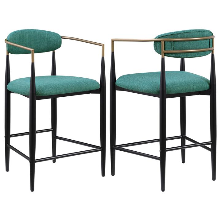 Tiara Counter Height Chair Set of 2, Teal Green, Black Metal 25 Inch - Benzara