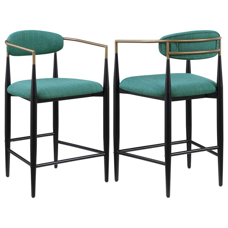 Tiara Counter Height Chair Set of 2, Teal Green, Black Metal 25 Inch - Benzara