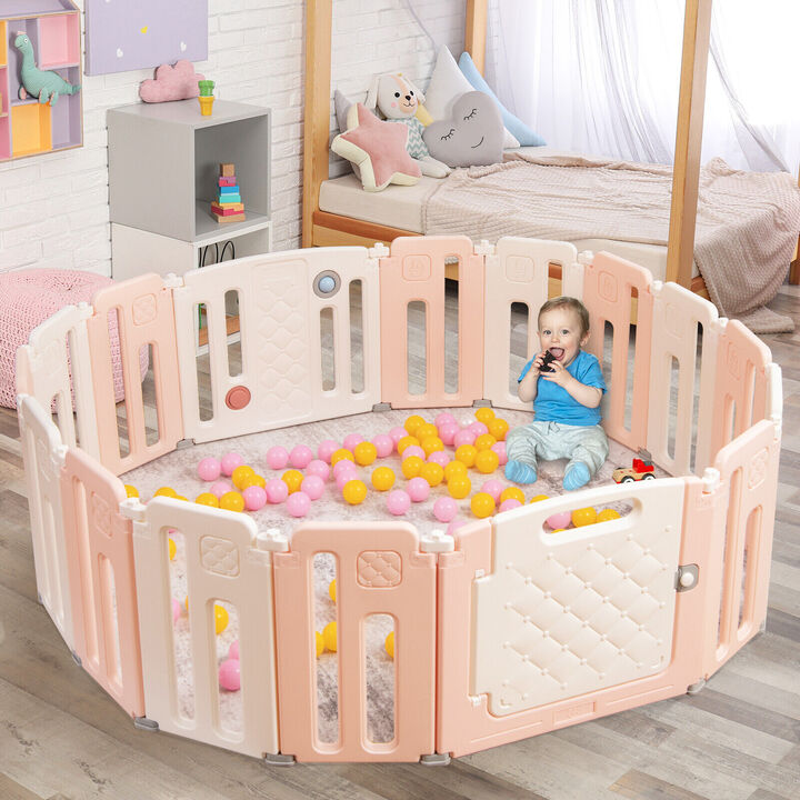 16 Panels Baby Safety Playpen with Drawing Board - Pink