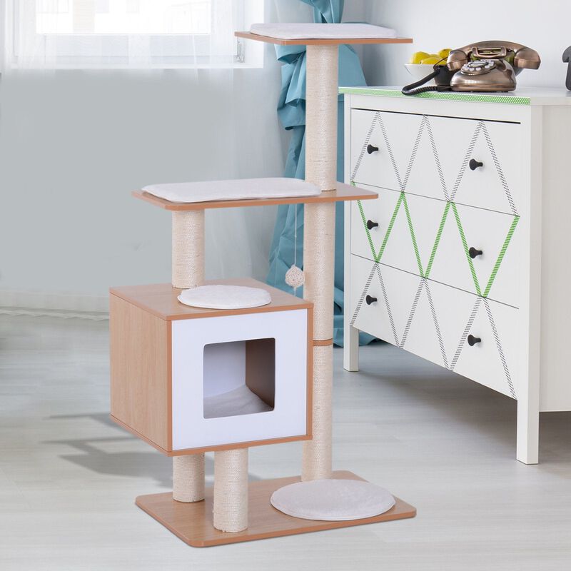 Modern Cat Playground: Oak & White Tree with Scratching Posts