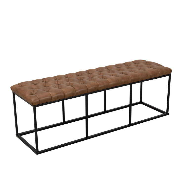 Leatherette Upholstered Bench with Button Tufted Cushioned Seat and Metal Base, Brown-Benzara