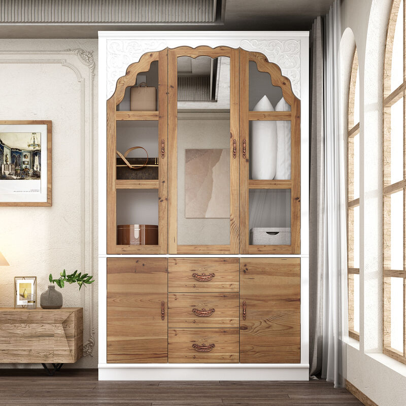 75.7 in. H Paint Finish Wooden Accent Storage Cabinet in Brown and White, Rustic Style, With Mirror Doors and Drawer