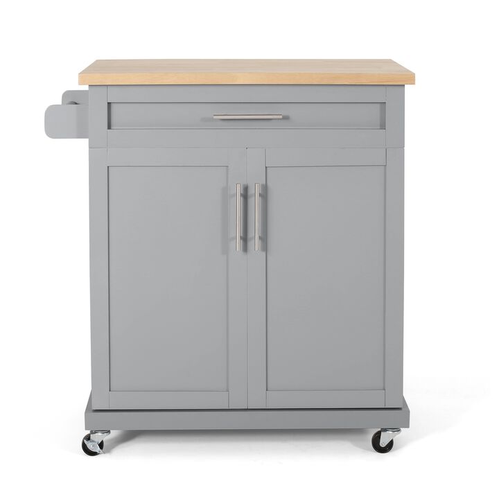 Shine Rolling Kitchen Island Bar Cart, 2 Doors, Gray, Natural Brown - Benzara