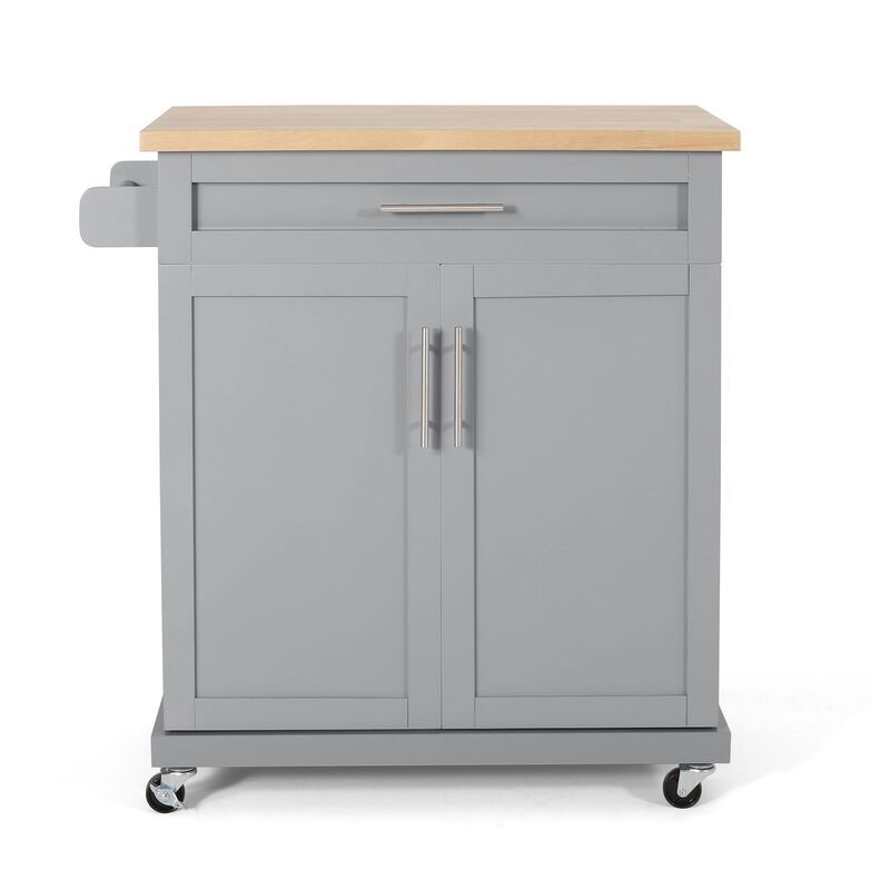 Shine Rolling Kitchen Island Bar Cart, 2 Doors, Gray, Natural Brown - Benzara