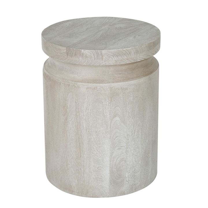 Benjara Kiv 24 Inch Side End Table, Round Mango Wood Top, Carved Accent Base, Gray, Cream