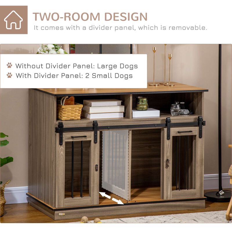 Oak Pet Furniture: 2-in-1 Dog Crate End Table with Sliding Doors