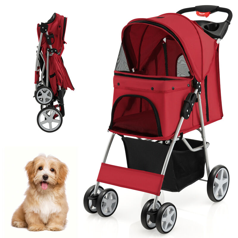 Folding Pet Stroller with Storage Basket and Adjustable Canopy-Gray
