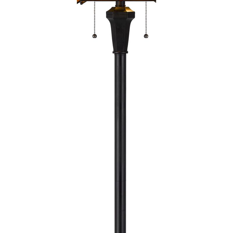 Eli 60 Inch Floor Lamp, Hexagonal Tiffany Style Shade, Dual Light, Bronze-Benzara