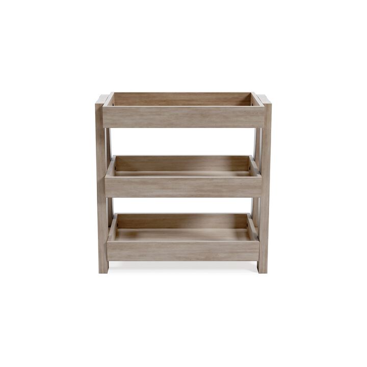 Arid Accent Table, 3 Storage Tray Shelves, 26 Inch, Brown Solid Wood - Benzara