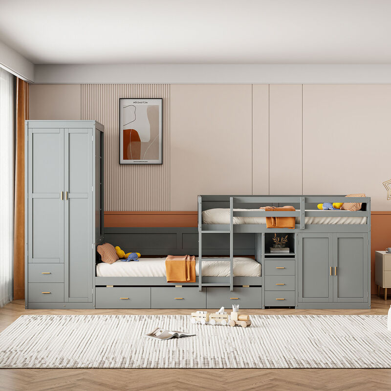 Merax Bunk Bed with Trundle, Cabinet, and Wardrobe